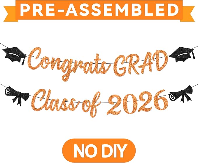 Black and Orange Congrats Grad Banner, Class of 2026 Banner and Graduation Caps - Image 6