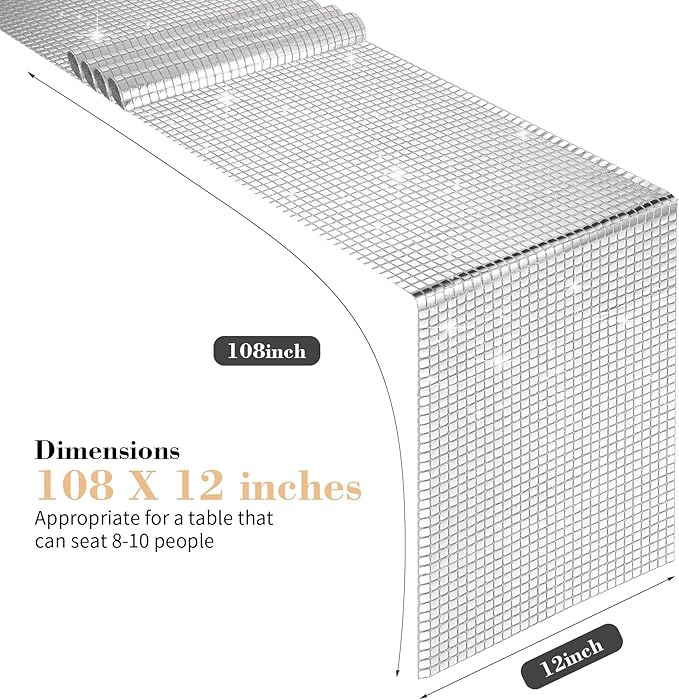 2 Packs 12x108 Inch Disco Table Runner Silver Glitter Foil for Bachelorette & Theme Party Disco Ball Decorations