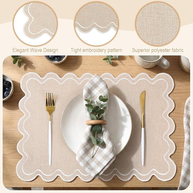 Linen Placemats Set of 12 Scalloped Placemat 13 X19 Wavy Embroidery Double - Image 3