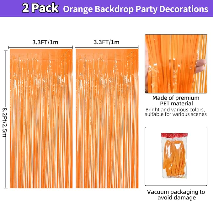 JINSUI Orange Fringe Backdrop 3.3x8.2ft, 2 Pack Foil Tinsel Curtains Decor | - Image 3