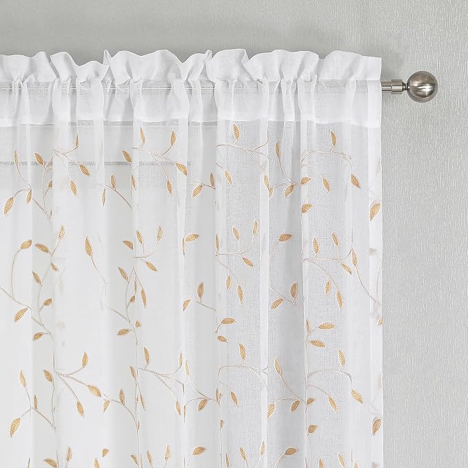 White Sheer Curtains Orange Leaf Embroidery Linen 96 Inches Long | Light - Image 3
