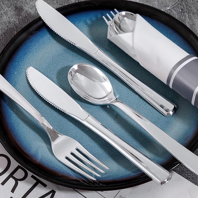 50Guests Pre Rolled Silver Plastic Silverware Sets - Heavy Duty Silver Cutlery - Include 50 Pack Wrapped Disposable Utensils with Napkins for Parties & Dinners & Weddings