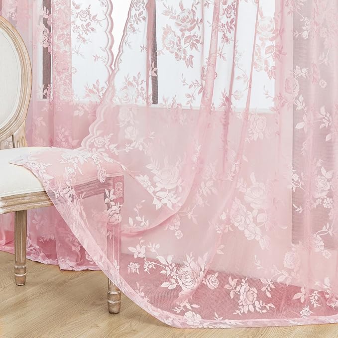 Light Pink Lace Curtains 84 Inches Long 2 Panels Romantic Flower Sheer Curtains - Image 5