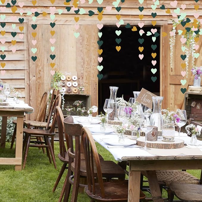Sage-Green Mint Pink-Gold Love-Heart Garland - 52Ft Rustic Wedding Hanging - Image 4