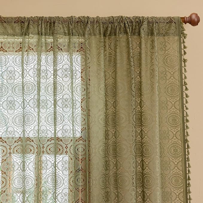 YJ YANJUN Boho Lace Curtains, Sage Green Sheer Window Panels | Geometric - Image 4