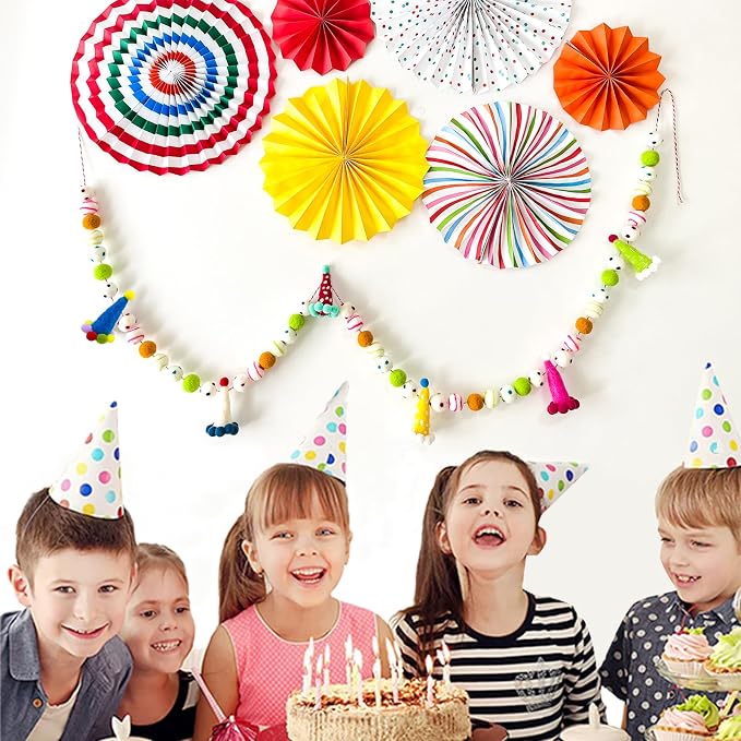 Pre-Strung Birthday Banner Handmade 3D Wool Felt Hats Rainbow Ball Garland | - Image 5