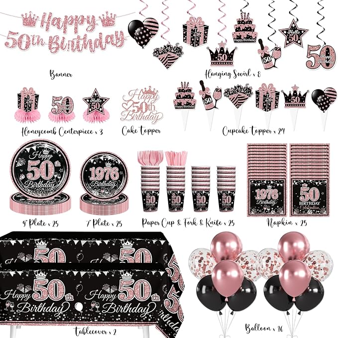 50th Birthday Decorations for Women Tableware Set Serve 25 | All-in-One Kit - Image 2
