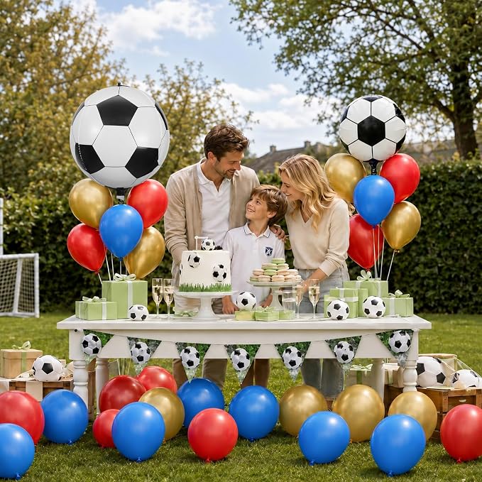 Soccer Balloons, 12 Inch Red and Blue Metallic Gold Latex Balloons - Image 6