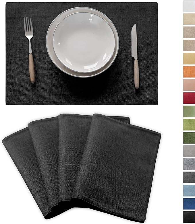 Demetex Black Placemats Set of 4 Stain Resistant Cloth Place Mats Heat by DEMETEX