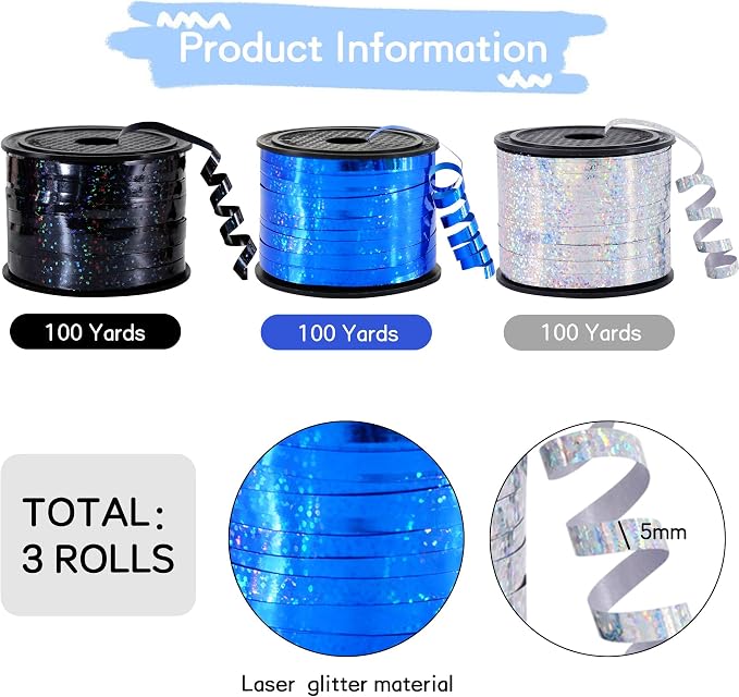 BEISHIDA 3 Pack 100 Yards Blue Black Silver Curling Crimped Glitter Ribbon - Image 2