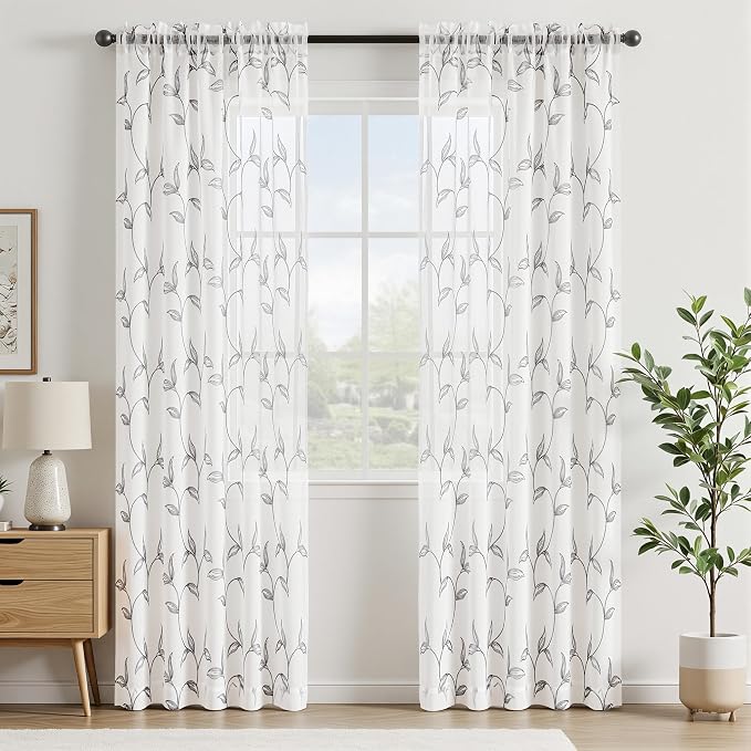 Sheer Curtains Boho Leaf Floral Embroidered Grey 54Wx72L | Light Filtering Semi - Image 2