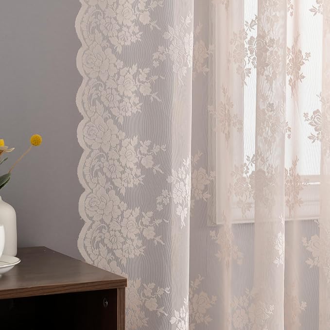 Kotile Blush Pink Floral Lace Curtains - Image 4