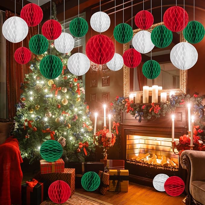 SUNBEAUTY 27 PCS Red Green White Christmas Party Hanging Honeycomb Decorations - Image 5