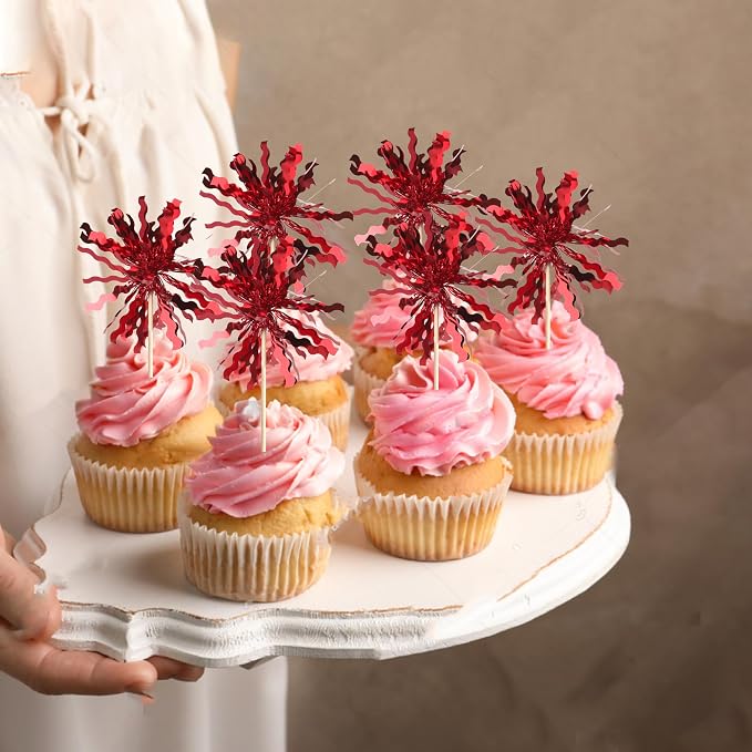 30 PCS Foil Firework Cupcake Toppers Sparkle Tinsel Cupcake Picks Happy - Image 4