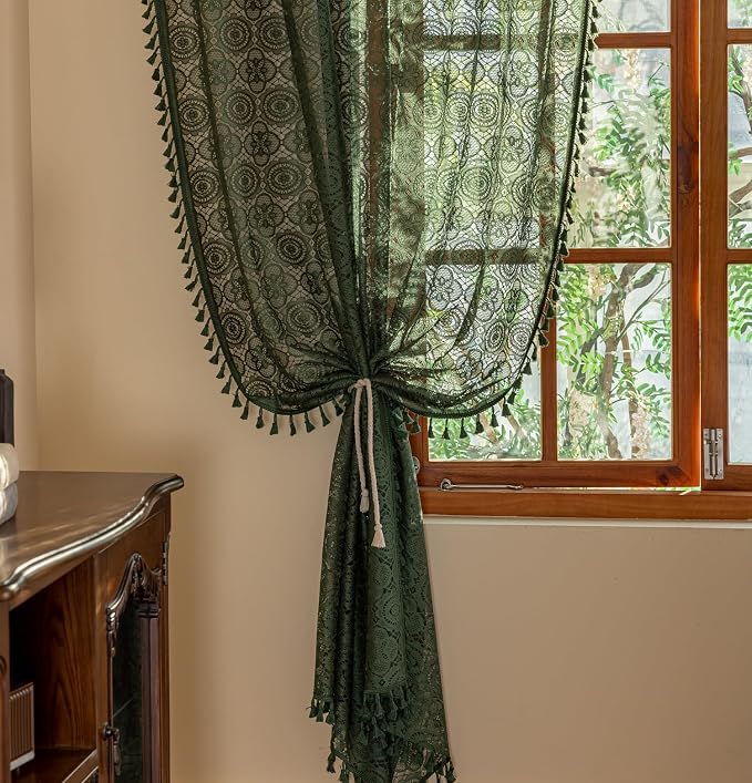 YJ YANJUN Boho Lace Curtains, Dark Green, 2 Panels | Vintage Floral Crochet - Image 5