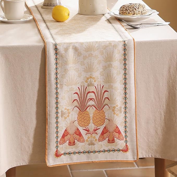 patdrea Designer Tropical Linen Table Runner 71 Inch Long, Yellow Vintage Elegant with Pineapple Pattern Table Mat,Decoration for Kitchen Dining Coffee Table Cover Banquet Christmas , 12"*71"