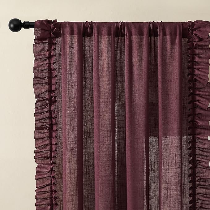 Burgundy Farmhouse Curtains for Bedroom Shabby Chic 47 x 54 Inch 2 Panels | Rod - Image 2