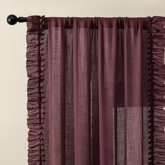 Burgundy Farmhouse Curtains for Bedroom Boho Chic 58 x 84 Inch, 2 Panels | Rod - Image 3