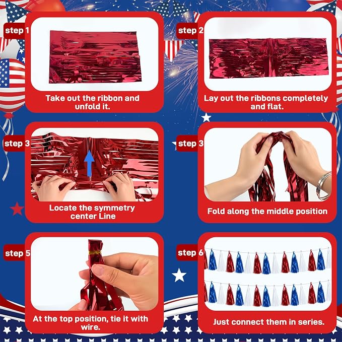 Morofme Red White Blue Foil Fringe Garland 45pcs Patriotic Tassel Banner 4th of - Image 3