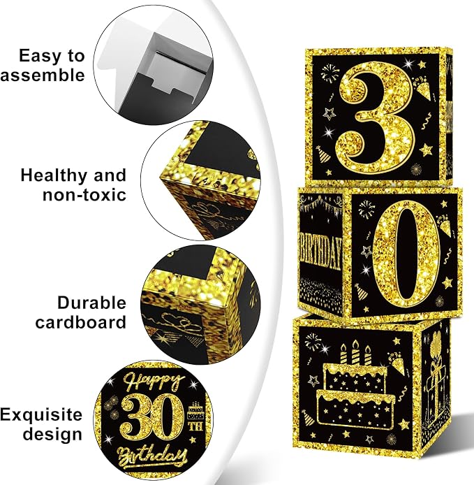 Eiurteao 3pcs Black Gold 30th Birthday Decorations Boxes - Image 5