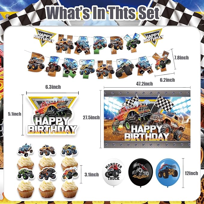 42Pack Monster truck Party decoration pack include Banner, Honeycomb - Image 3