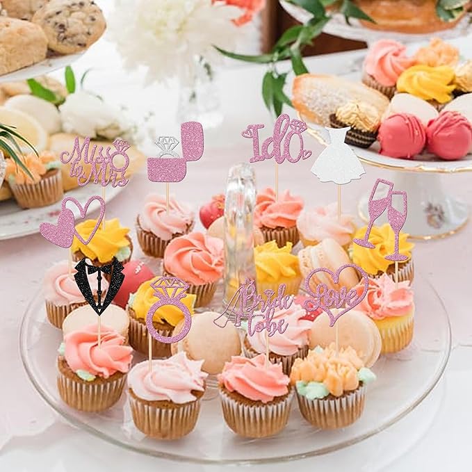 30 PCS Bride to Be Cupcake Toppers Glitter Miss to Mrs I Do Love Heart Ring Cupcake Picks Wedding Bridal Shower Cake Decorations for Wedding Engagement Bachelorette Party Supplies Purple