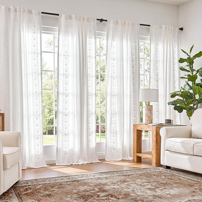 jinchan Floral Linen Curtains Embroidered Back Tab 50x90in 2 Panels White | - Image 2