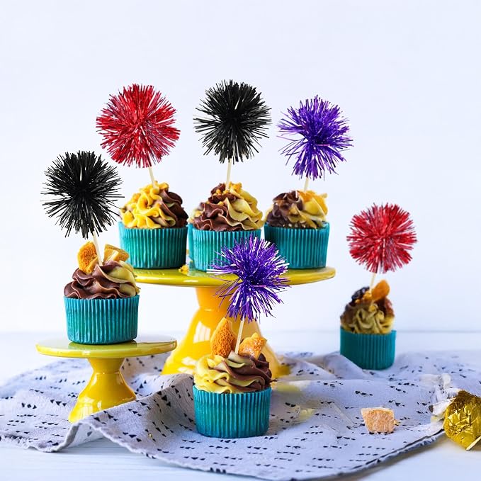 Gyufise 30Pcs Foil Firework Cupcake Toppers Sparkle Tinsel Cake Toppers Tinsel - Image 4