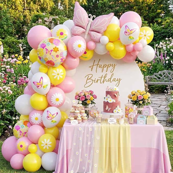 Flower Balloons, 12 Inch Pink Yellow White Daisy Printed Balloon, Butterfly - Image 6