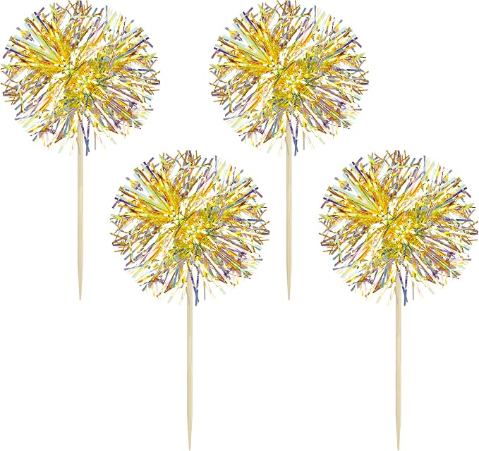 Gyufise 30Pcs Foil Firework Cupcake Toppers Sparkle Tinsel Cake Toppers Tinsel - Image 3
