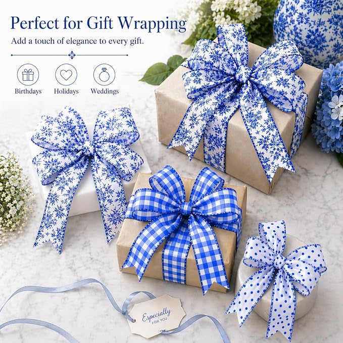 Blue and White Wired Ribbon Set, 6 Rolls 2.5 Inch Decorative Ribbon, - Image 2