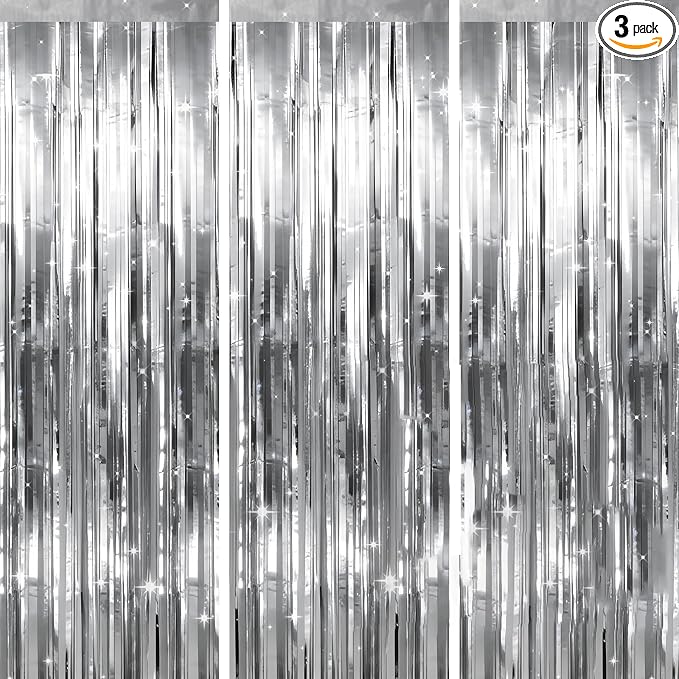 jijAcraft Metallic Silver Tinsel Foil Fringe Curtain, 3 Pack 3.2x6.5 Feet Party by jijAcraft