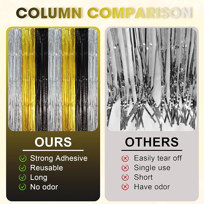 Voircoloria Black Gold Silver Fringe Backdrop Curtains, 2 Pack | Tinsel - Image 4