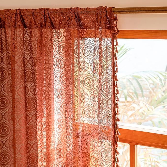 YJ YANJUN Boho Lace Sheer Curtains, Burnt Orange Terracotta, 59x90 inches | 2 - Image 4
