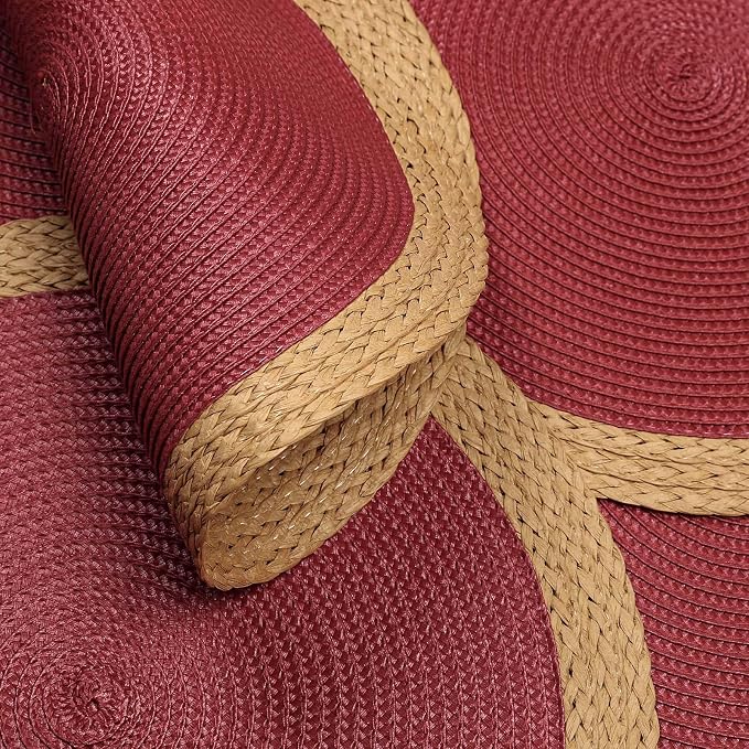 Round Placemats Set of 4, Woven Table Mats, Wide Edge, Berry Red | Braided - Image 3