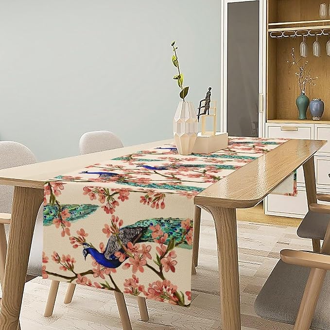 Peacock Table Runner,Spring Floral Peacock Birds Table Runner for Home Kitchen Dining Party Indoor Outdoor Decoration 13x36 Inch