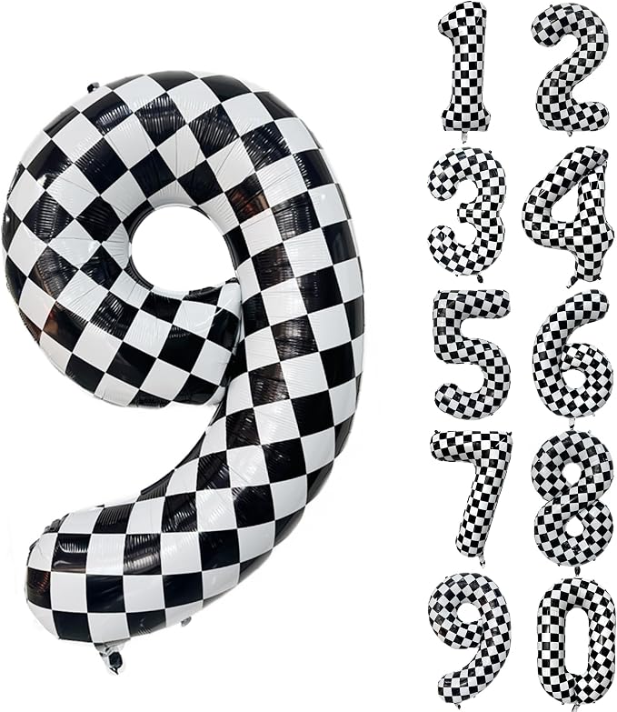 40 Inch Checkered Number Balloon 9 Black and White Number 9 Balloon Foil Helium by Yeodong