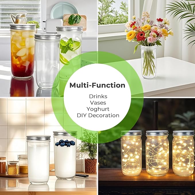 CycleMore 24oz 6 Pack Mason Glass Jars with AirTight Lids and Bands, Wide Mouth Canning Jars for Jelly, Jam, Honey, Wedding Favors, Spices and Herbs