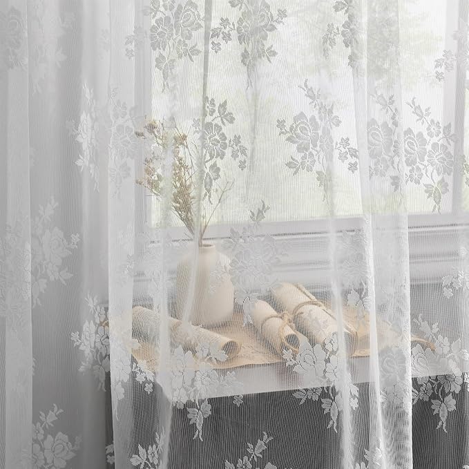 Kotile White Lace Kitchen Curtains Rustic Floral W52 x L36 Inch, 2 Panels | Rod - Image 8