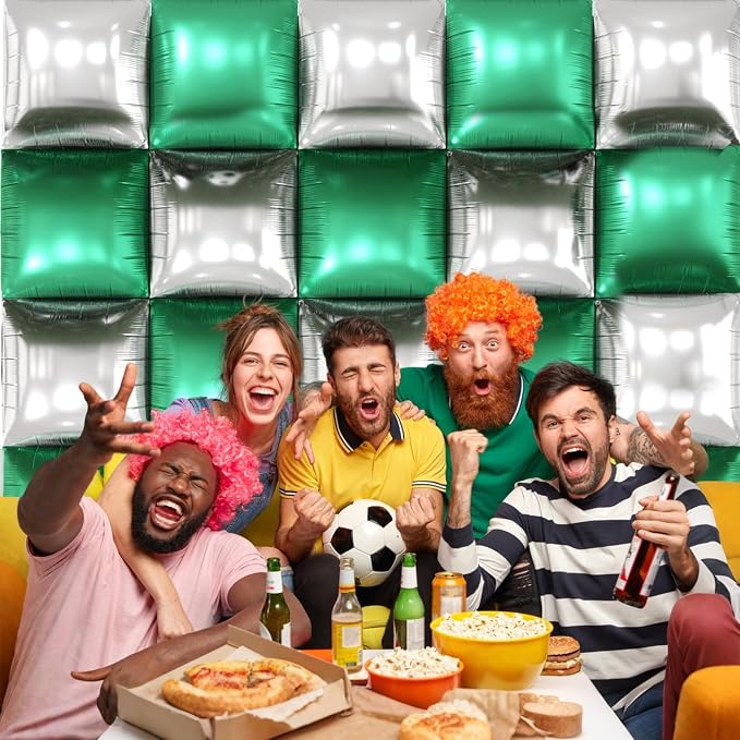 Metallic Green Silver and Black Soccer Square Foil Balloons Wall, 19 Inches - Image 4