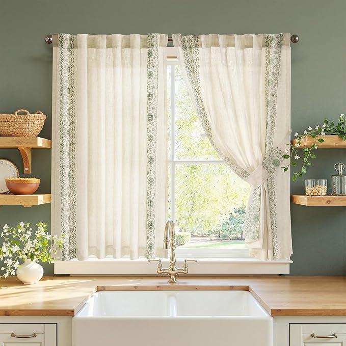 jinchan Green Floral Embroidered Linen Kitchen Curtains 54×45 Inch 2 Panels | by JINCHAN