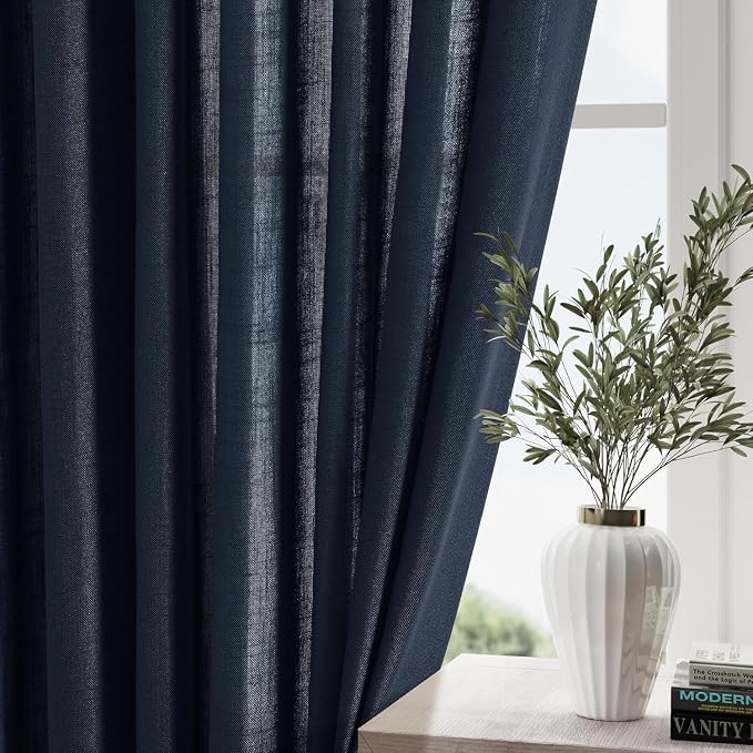 Navy Blue Linen Curtains 102 Inches Long - Image 2