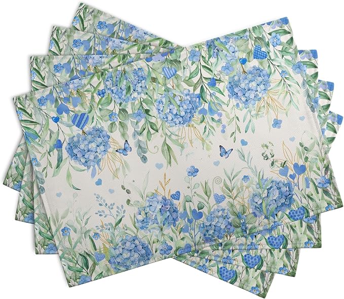 Hydrangea Spring Summer Placemats Set of 4 Sage Green Eucalyptus Leaves Blue - Image 2