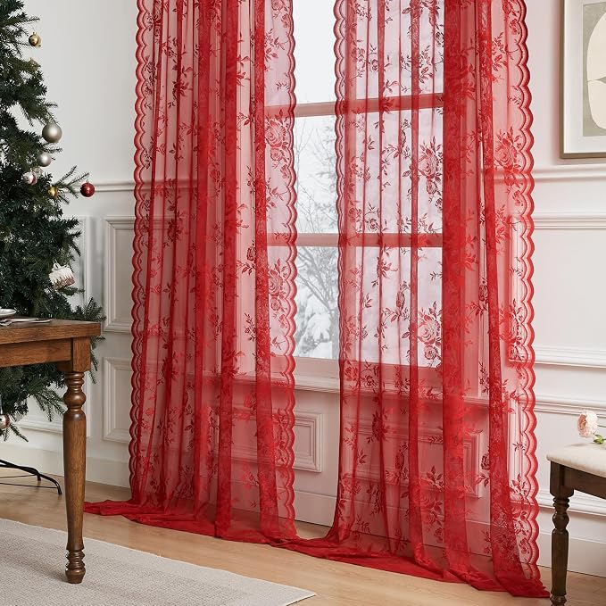 Red Lace Curtains 72 Inch Length 2 Panels Set Valentine's Romantic Flower Sheer - Image 3