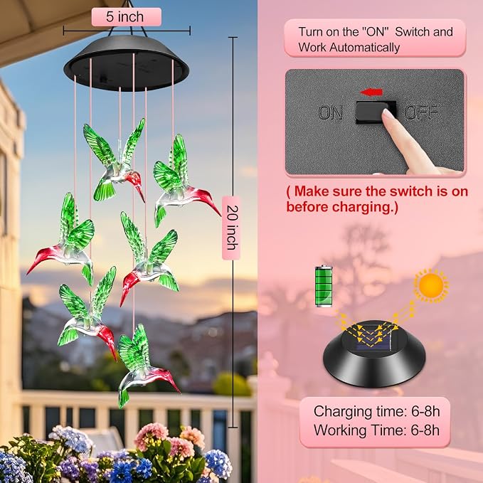 Winzwon Solar Wind Chimes, Christmas Gardening Hummingbird Gifts - Image 7