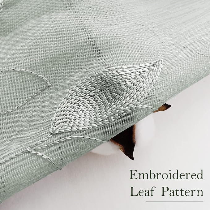 HOMEIDEAS Sage Green Sheer Curtains 52 X 96 Inches Long 2 Panels Embroidered - Image 4