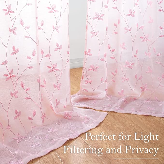 HOMEIDEAS Pink Sheer Curtains 2 Panels Set, Embroidered Vine Leaf, W52 x L84 | - Image 6