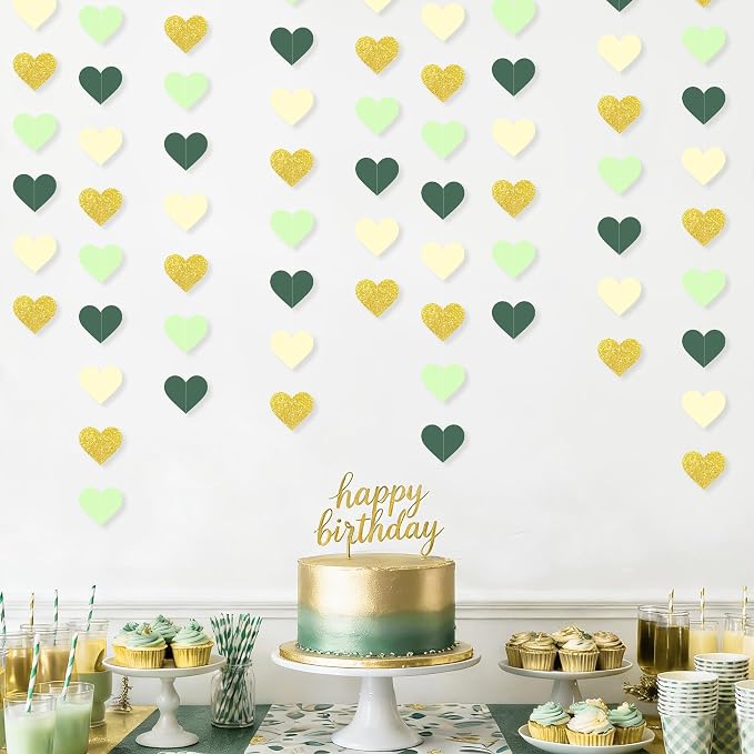 5PCS Sage Green Heart Garland, 72ft Sage Green Gold Heart Ceiling Decorations - Image 7