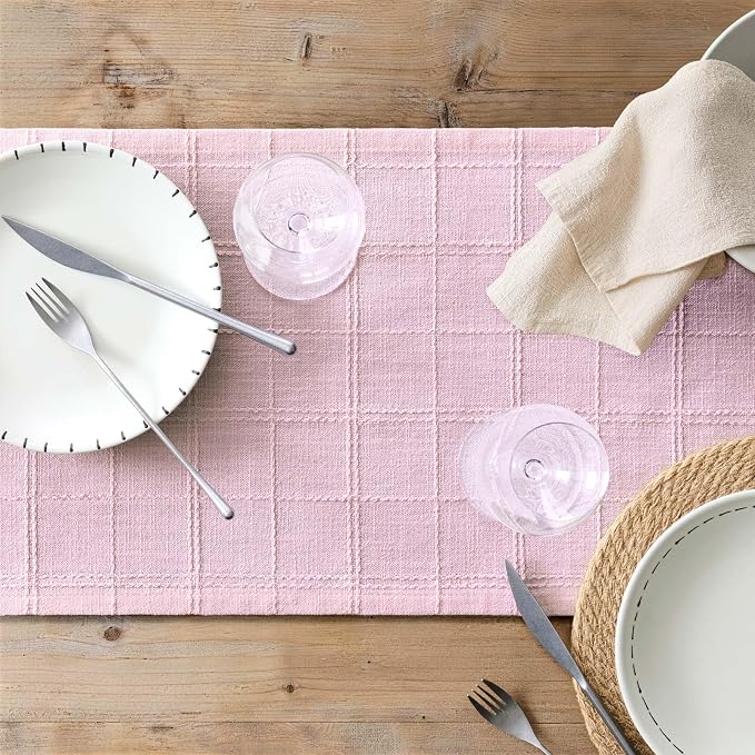 Linen Checked Farmhouse Table Runner, 13x36 Inches Pink | Raised Grid Design - Image 7