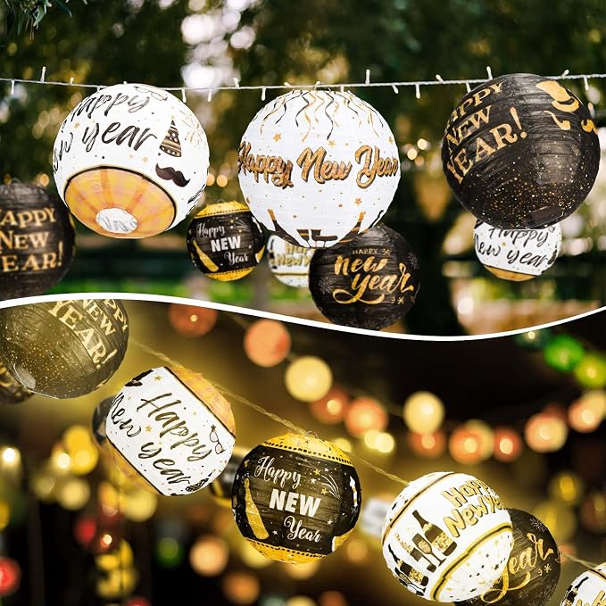 Panelee 12 Pcs 2026 New Year Paper Lanterns Party Decorations 8 Inch Black and - Image 3